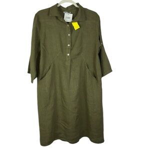NWT Elena Baldi dress midi linen pockets roll tab sleeves Army Green Sz L